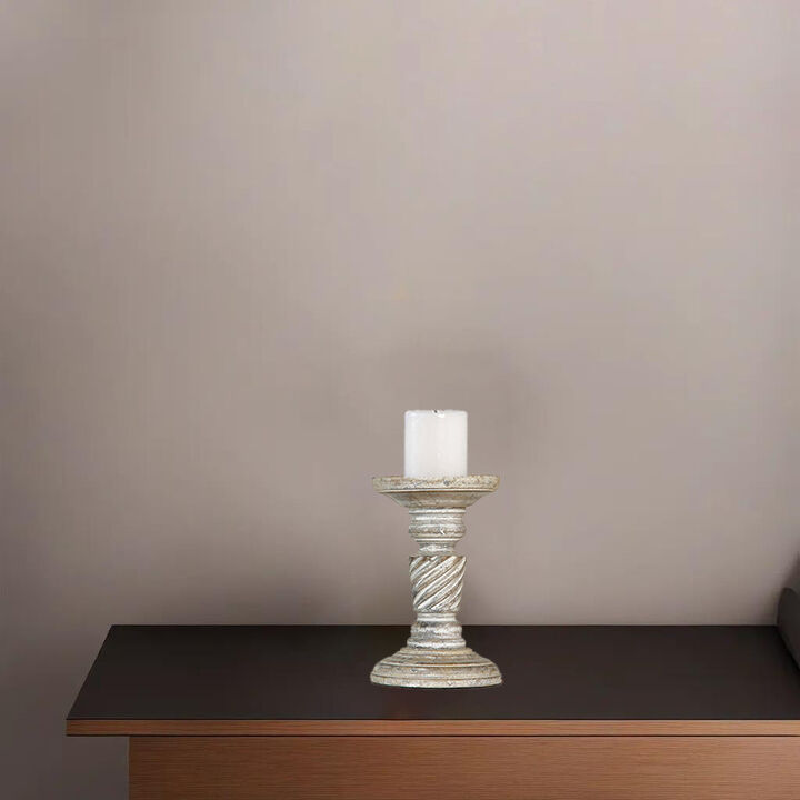 Traditional Antique White Eco-friendly Handmade Mango Wood Set Of One 6" Pillar Candle Holder BBH Homes