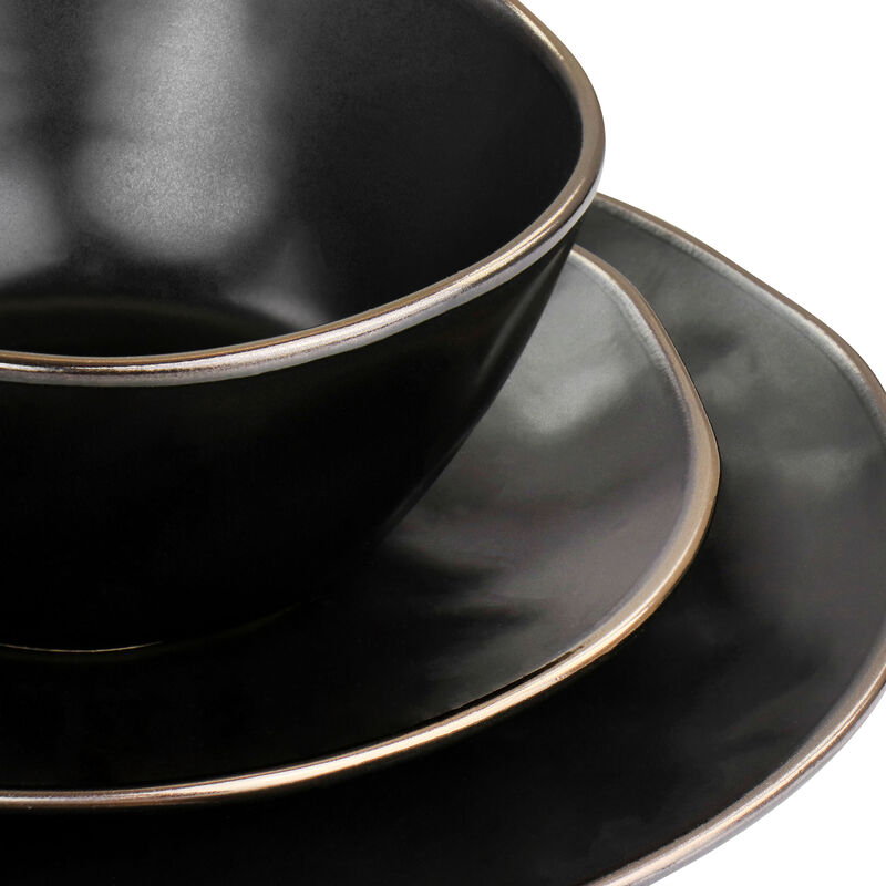Elama Modern 16 Piece Stoneware Dinnerware Set in Matte Black with Gold Rim