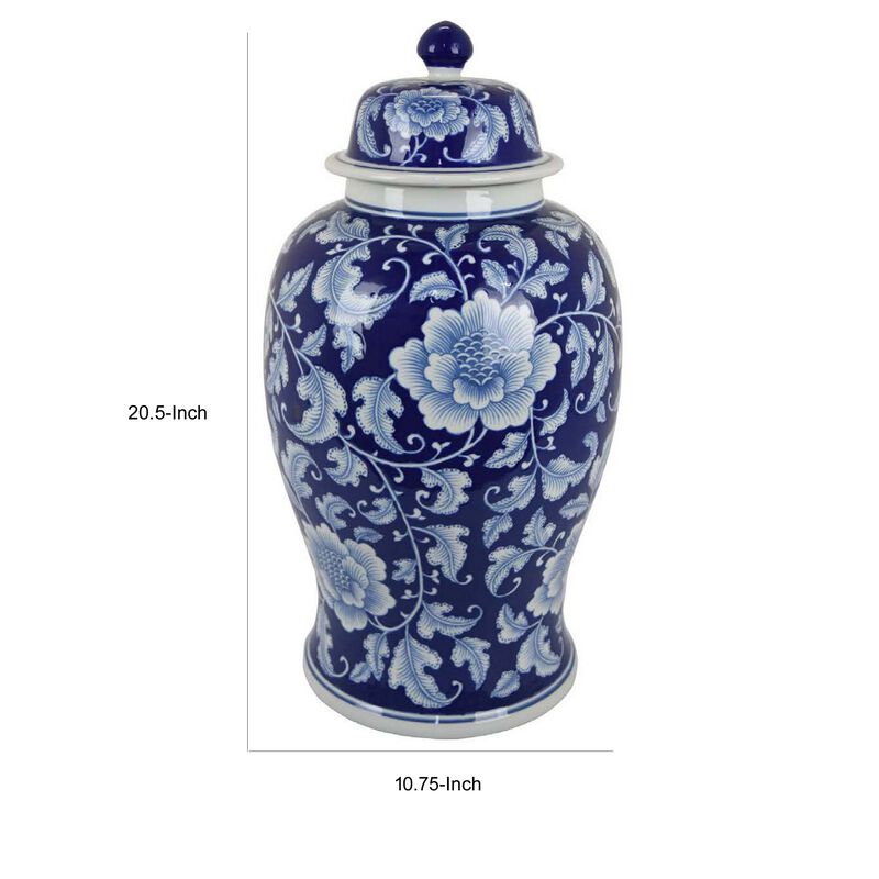 21 Inch Temple Ginger Jar, Blue, White Floral Print, Lid, Ceramic Pottery - Benzara