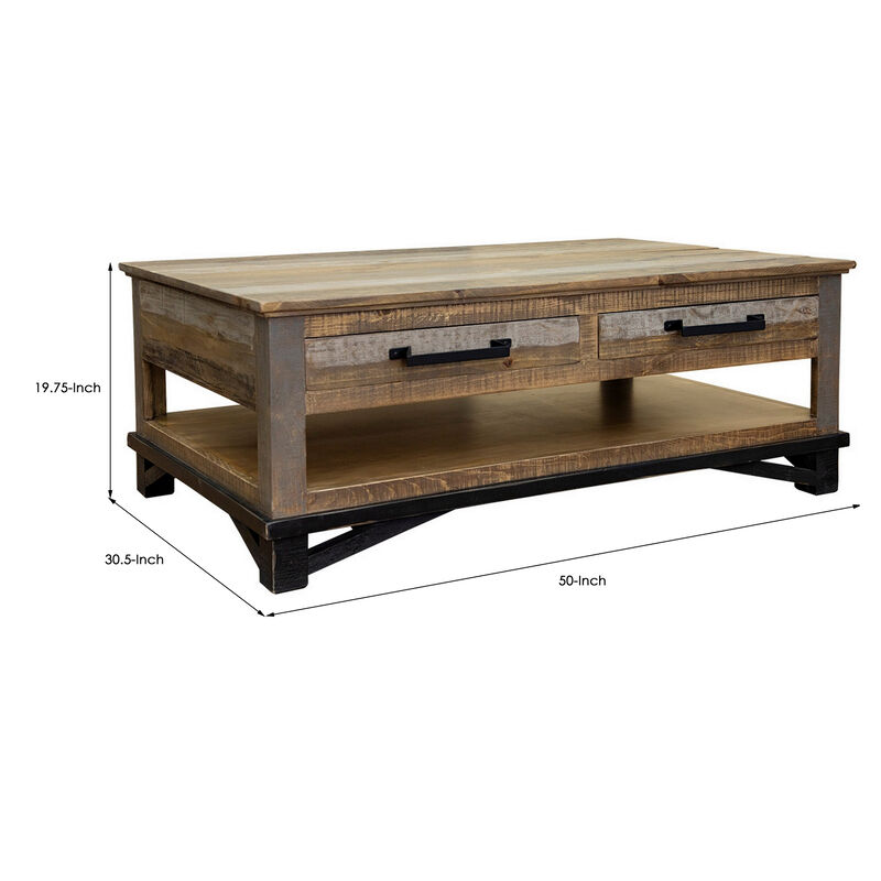 Peya 50 Inch 4 Drawer Coffee Table, Shelf, Distressed Gray, Brown Pine Wood-Benzara