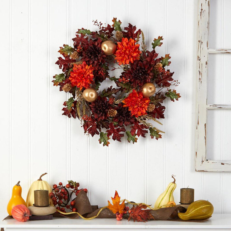 Nearly Natural 24-in Fall Dahlia, Golden Apple, Oak Leaf and Berries Autumn Artificial Wreath