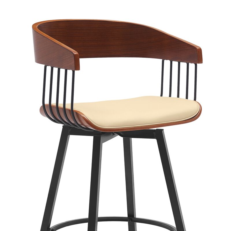 Vera 27 Inch Swivel Counter Stool Chair, Brown Open Back Cream Faux Leather - Benzara