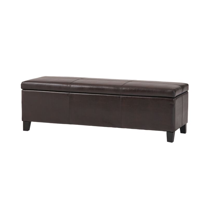 Elias Storage Ottoman Bench, Detailed Brown Faux Leather, 51 Inch -Benzara