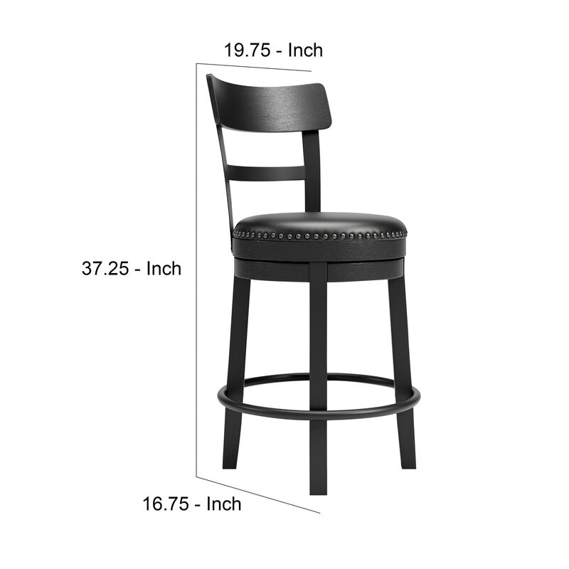 Solid Wood Counter Height Barstool, 360 Degree Swivel, Leatherette Seat, Black-Benzara