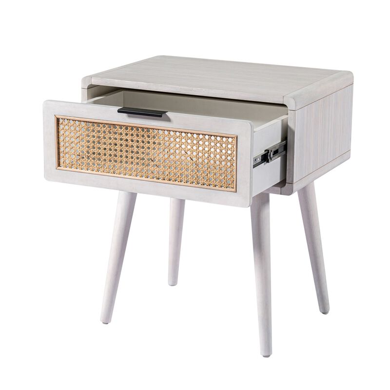 Camy Side End Table, Natural Brown Cane Woven Drawer, White 22 Inch - Benzara