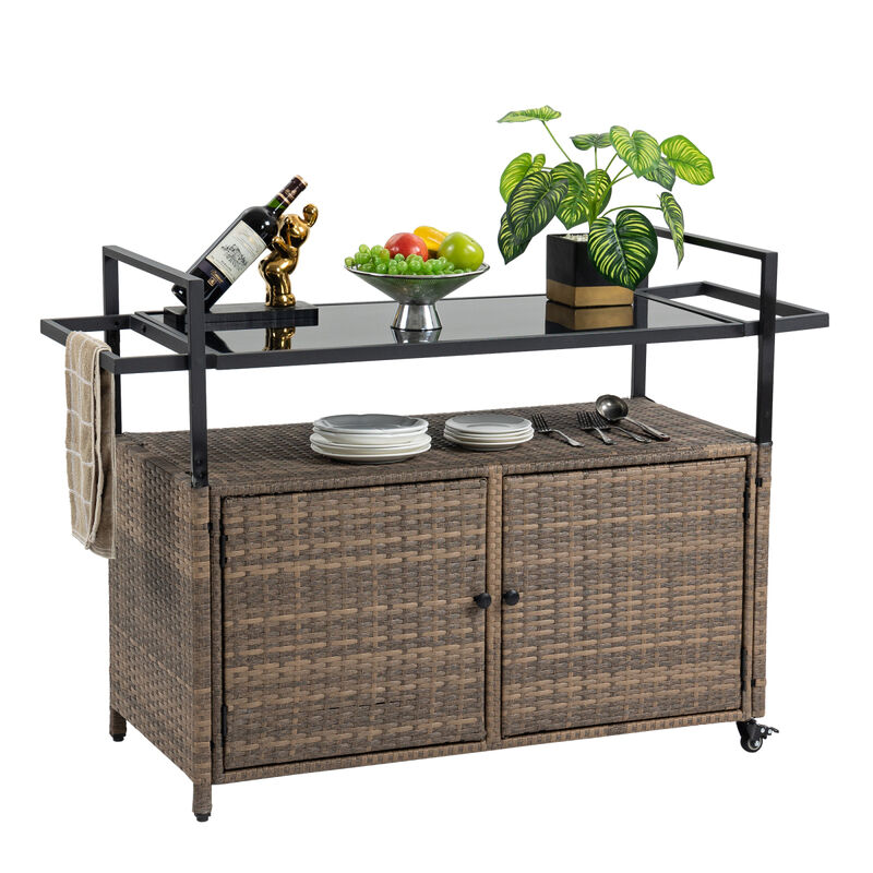Outdoor Wicker Bar Cart with Glass Top
