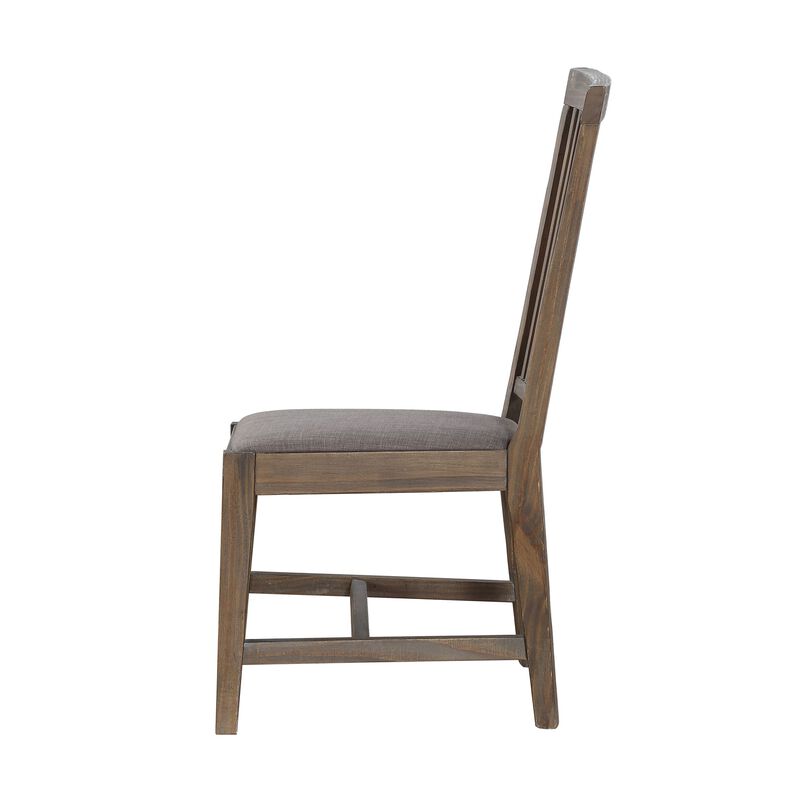 Wooden Chair with Fabric Upholstered Seat and Slat Style Back, Set of 2, Oak Brown and Gray - Benzara