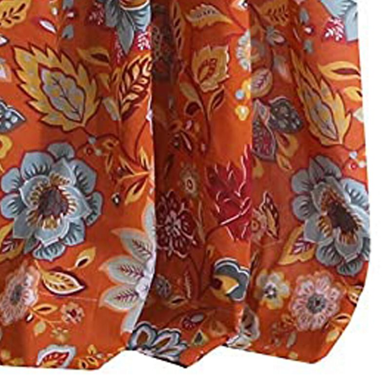 Paris 4 Piece Floral Print Fabric Curtain Panel with Ties, Orange - Benzara
