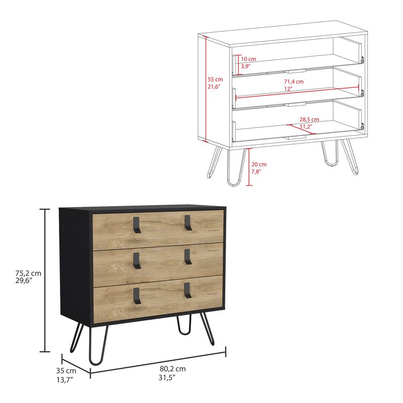 Huna Hairpin Legs Dresser with 3-Drawer Storage-Black / Macadamia