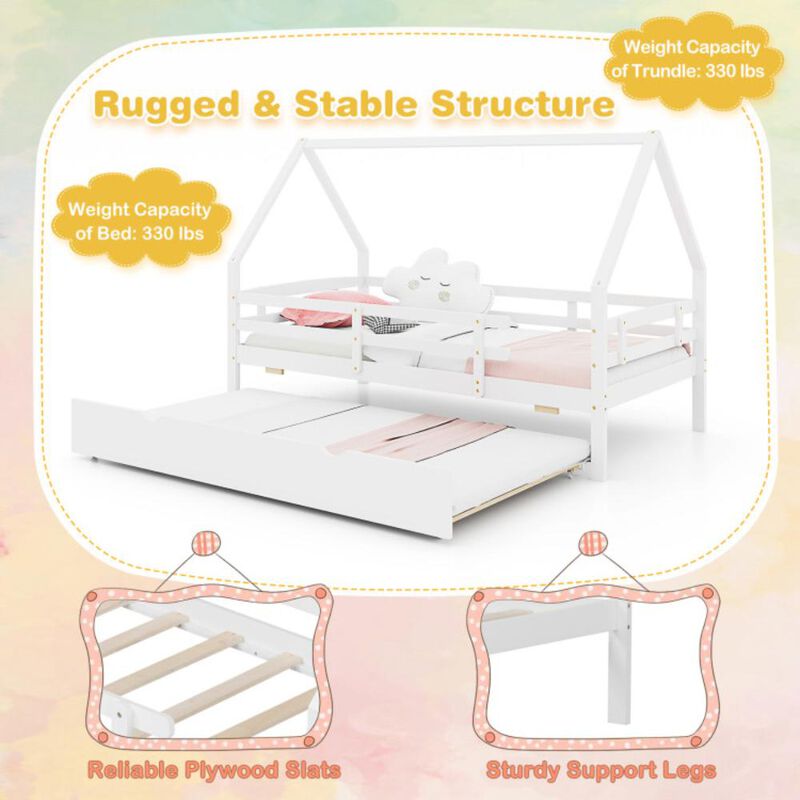 Hivvago Twin House Bed with Trundle and Fence Rail