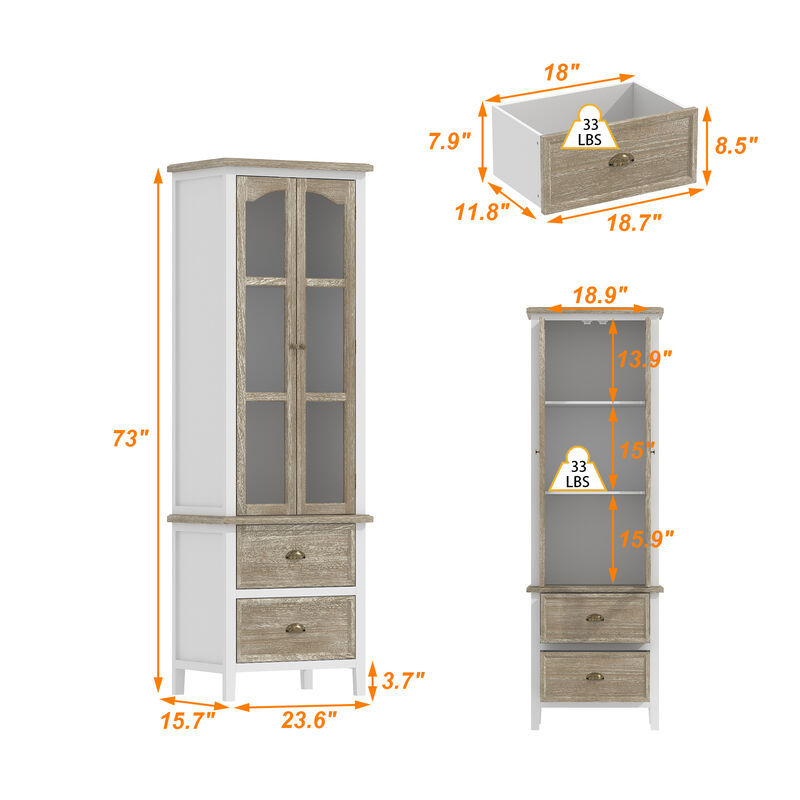 FUFU&GAGA Modern Tall Kitchen Pantry Cabinet with Glass Doors and Drawers for Dining Room Storage, (23.6" W x 73" H x 15.7" D), White & Brown
