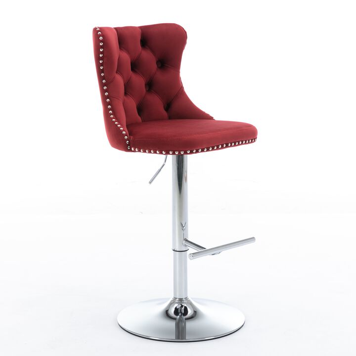 Adjustable Swivel Barstools Set in Wine Red