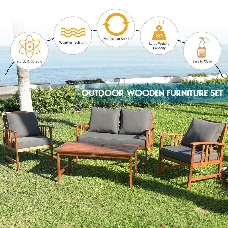 4 Pieces Wooden Patio Furniture Set Table Sofa Chair Cushioned Garden
