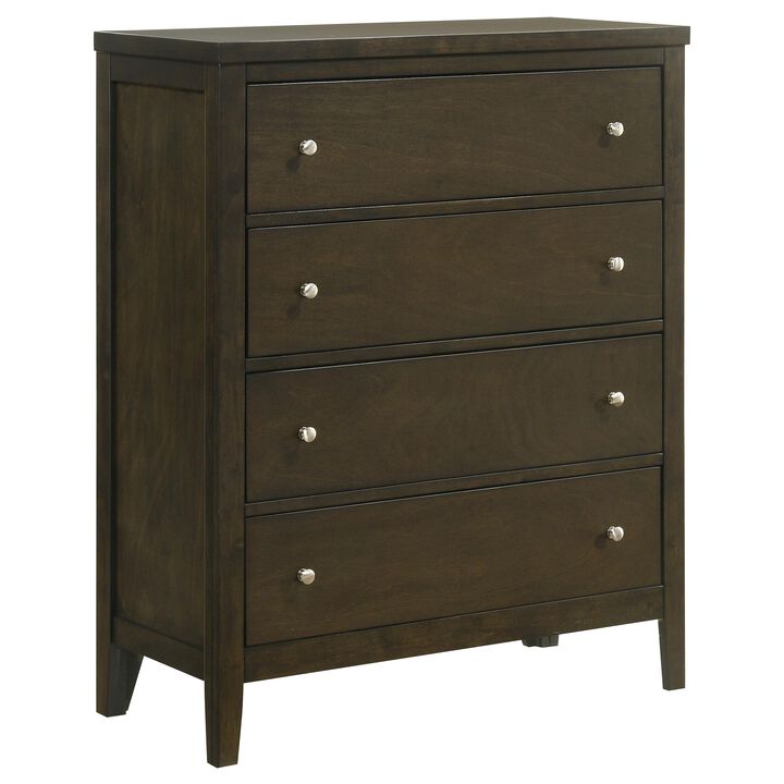 Wily Tall Dresser Chest, Dark Brown Wood, 4 Drawer, Round Nickel Knobs - Benzara