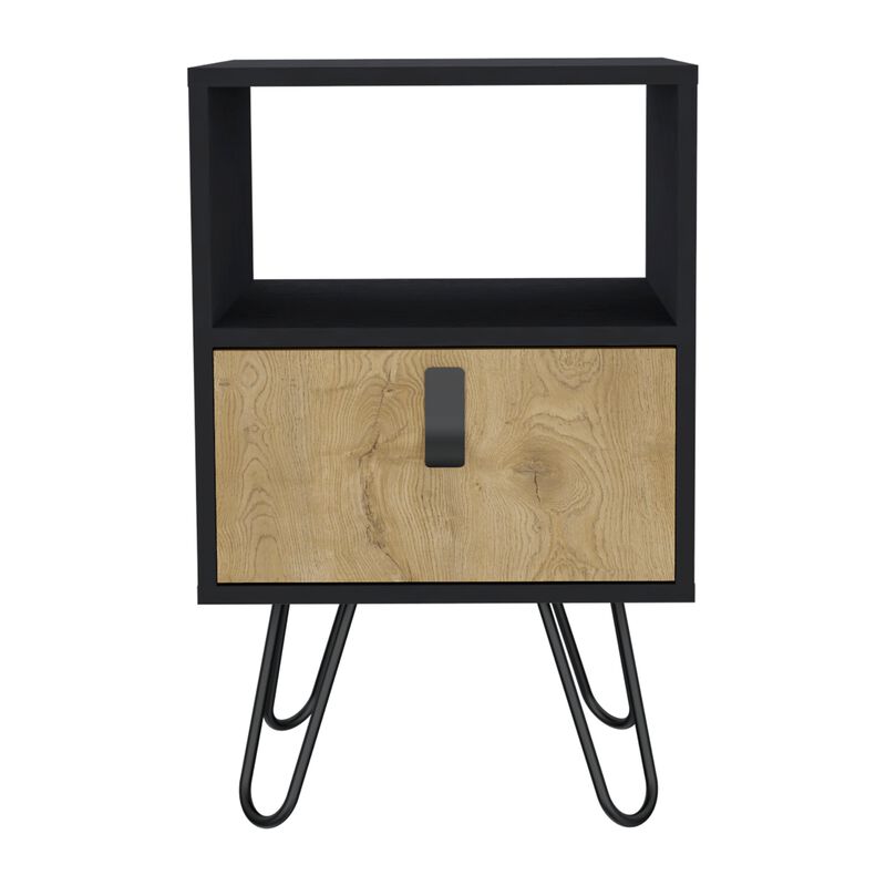 Huna Nightstand, Stylish Storage with Hairpin Leg, Open Shelf and Drawer-Black / Macadamia