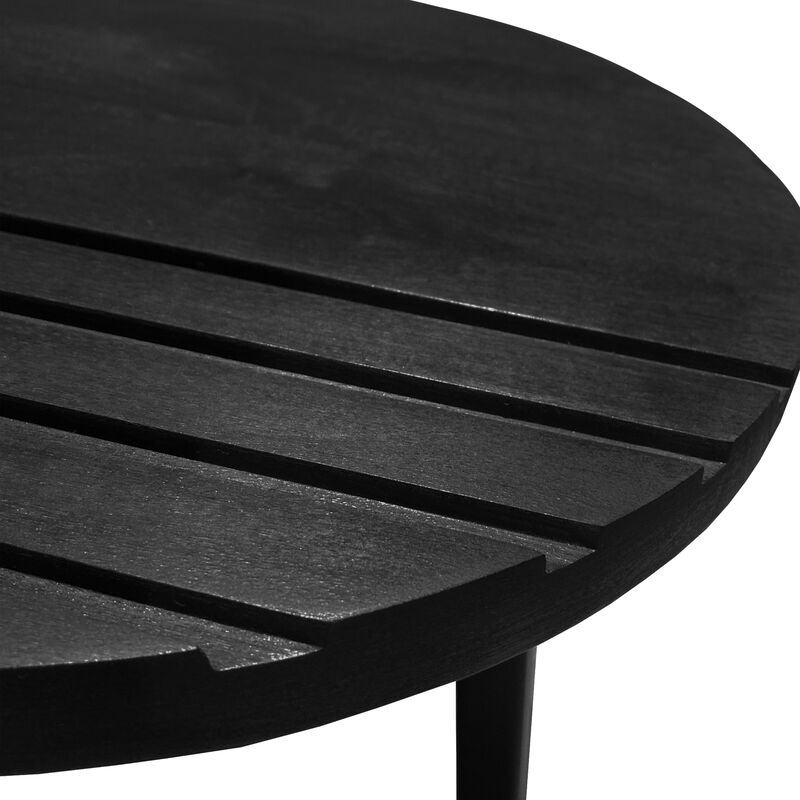 18 Inch Round Mango Wood Side End Table, Grooved Design, Metal Legs, Black-Benzara