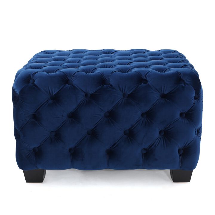 Ottoman, Modern Button Tufted, Navy Blue Velvet, 29 Inch Square Shape -Benzara