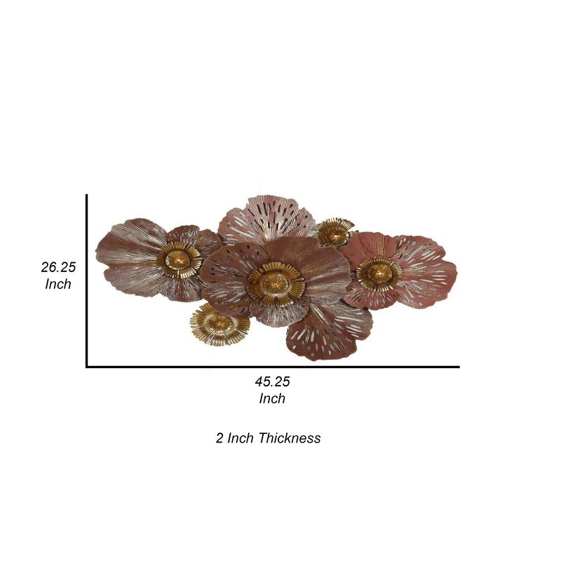 45 Inch Hanging Wall Art Decor, 3D Multiple Flowers, Metal, Brown, Gold - Benzara