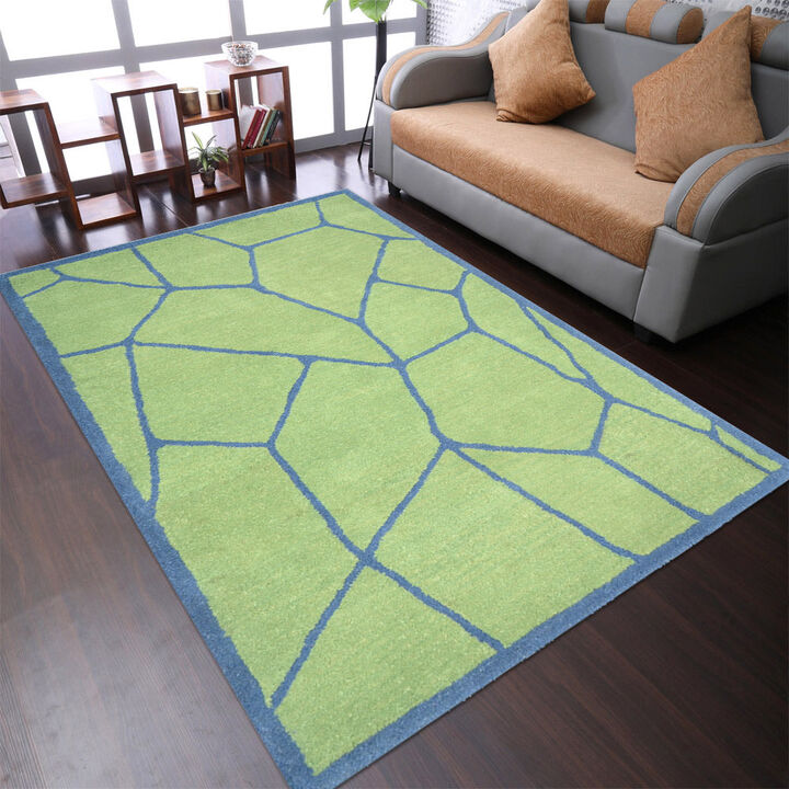 RUGSOTIC CARPETS HAND TUFTED WOOL ECO-FRIENDLY AREA RUGS  - 5'x8', Rectangle Shape, Green & Blue, Contemporary Modern Design, High Pile Handmade Area Rugs for Living Room, Bed Room (K00692)
