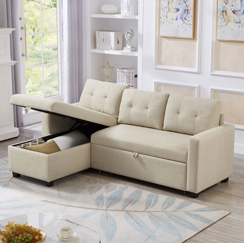 Merax Upholstered Pull Out Sectional Sofa with Storage Chaise