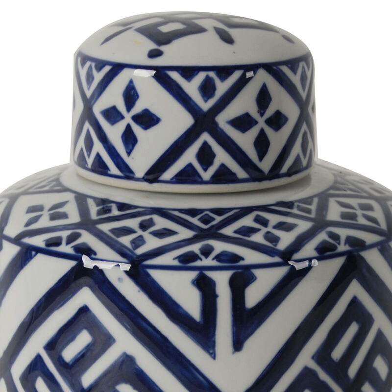 14 Inch Lidded Jar, Geometric Pattern, Cylindrical Blue and White Porcelain-Benzara