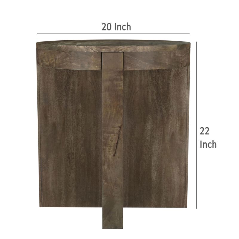 Kinaj Side End Table, Dark Brown Solid Mango Wood, Round 20 Inch - Benzara