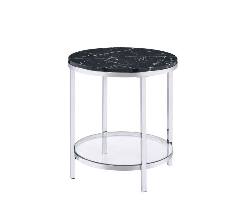 ACME Virlana End Table, Black Engineering Stone & Chrome Finish