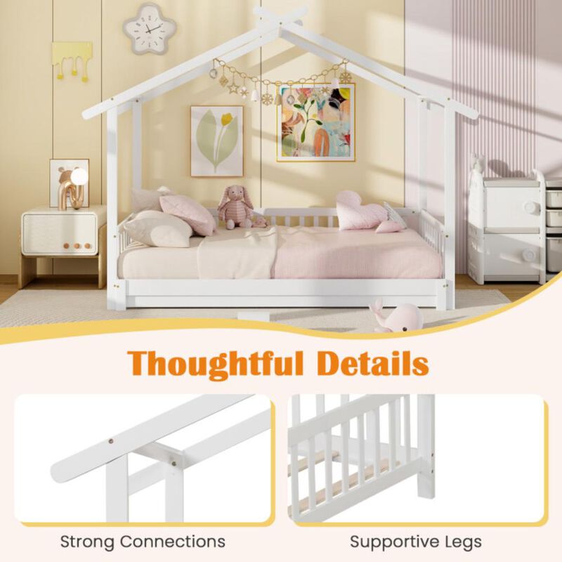 Hivvago Extendable House Bed Twin to King Daybed with Roof and Fence Rails