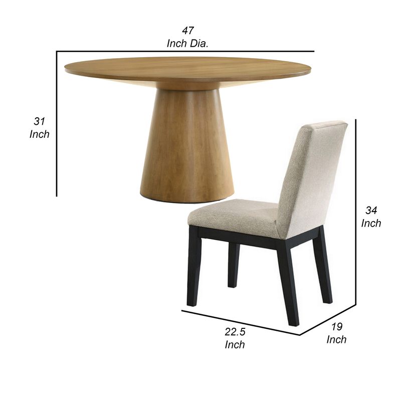 Yuvi 5 Piece Dining Table and Chair Set, Brown Round Top, Beige, Black - Benzara