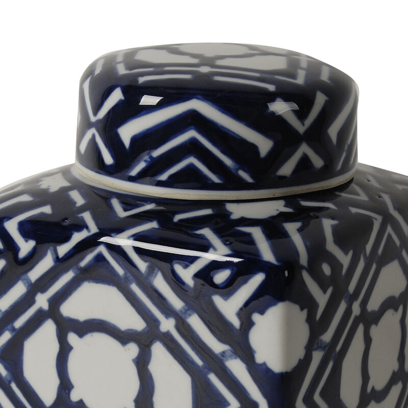 10 Inch Lidded Jar, Porcelain Construction, Deep Blue Graphic Trellis-Benzara