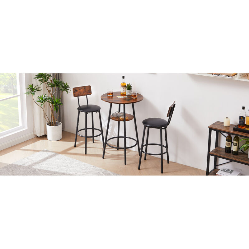 Upholstered Round Barstool Set with Backrest, Rustic Brown, 23.62" W X 23.62" D X 35.43"