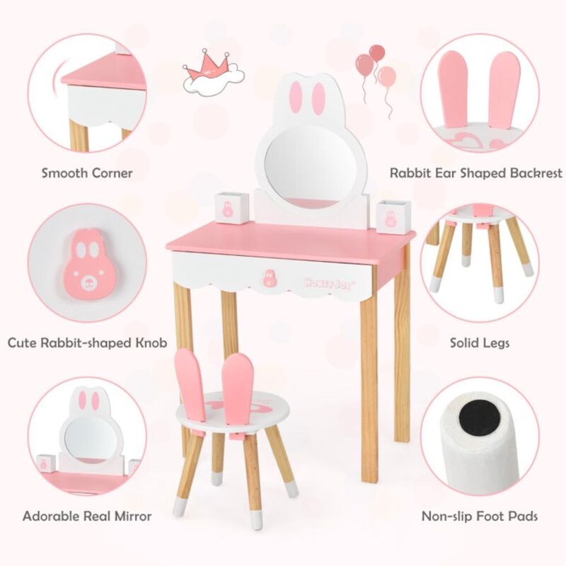 Hivvago Kids Vanity Set Rabbit Makeup Dressing Table Chair Set with Mirror and Drawer