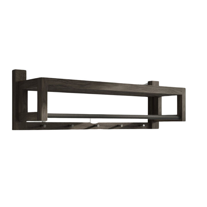 Black Hardwood Floating Coat Rack - Wall Mounted with Shelf, Black Metal Rail and 5 Hooks