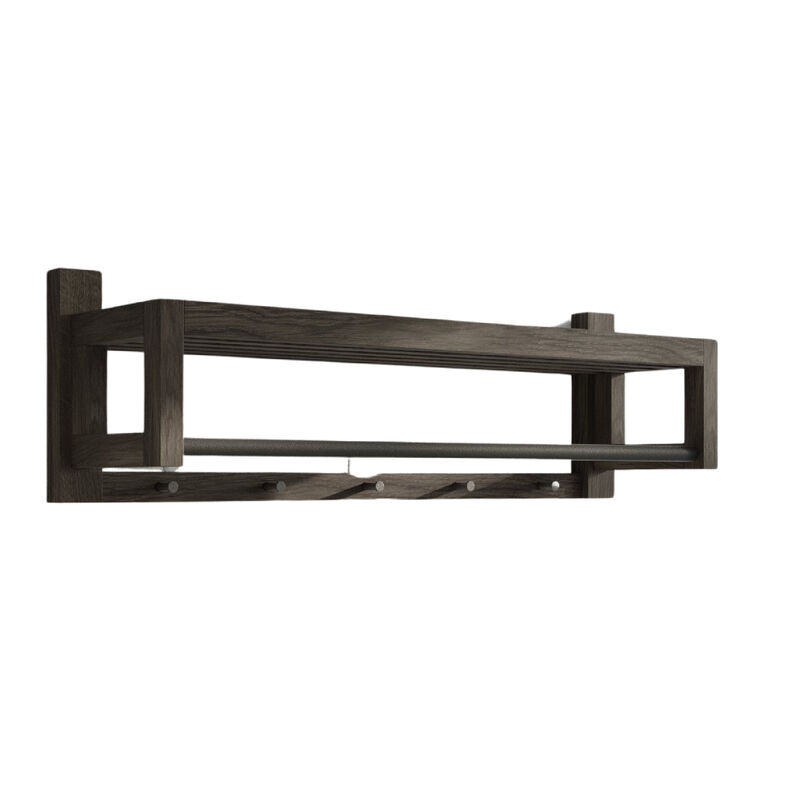Black Hardwood Floating Coat Rack - Wall Mounted with Shelf, Black Metal Rail and 5 Hooks