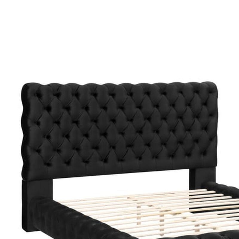 Benjara James Queen Size Bed, Platform Style, Button Tufted Black Velvet Upholstery