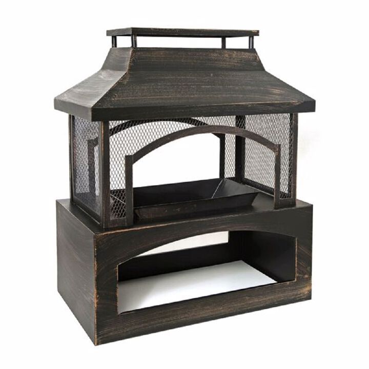 Outdoor Wood Burning Fireplace, Rectangular Metal Fire Pit with Built-in Log Storage