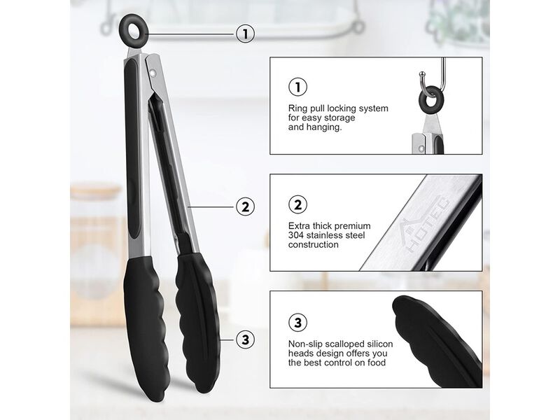 HOTEC Premium Stainless Steel Locking Kitchen Tongs with Silicon Tips, Set of 2-9