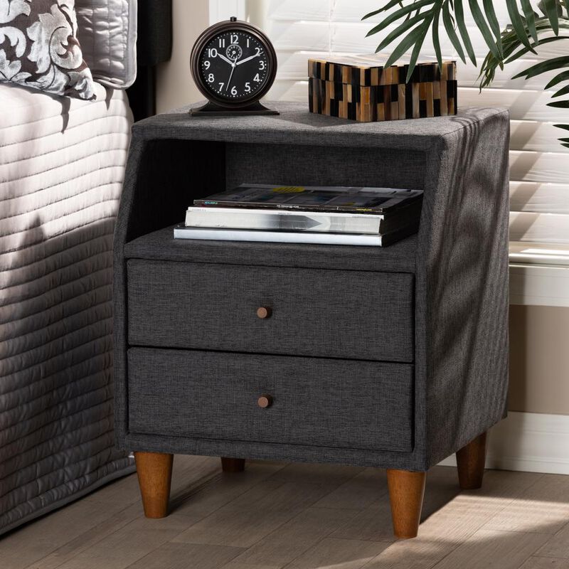 Baxton Studio Claverie Mid-Century Modern Charcoal Fabric Upholstered 2-Drawer Wood Nightstand