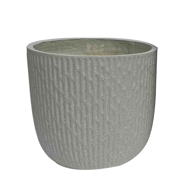 14 Inch Planter Set of 2, Drum Shape, Engraved Design, Textured Green - Benzara
