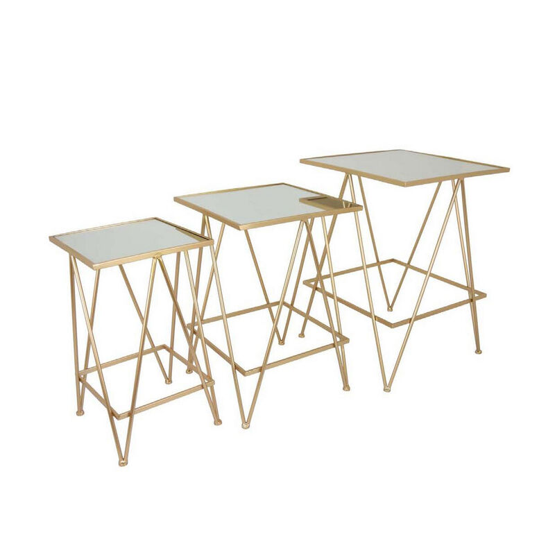 25 Inch Plant Stand Table Set of 3, Square, Metal, Mirror, Gold Finish - Benzara