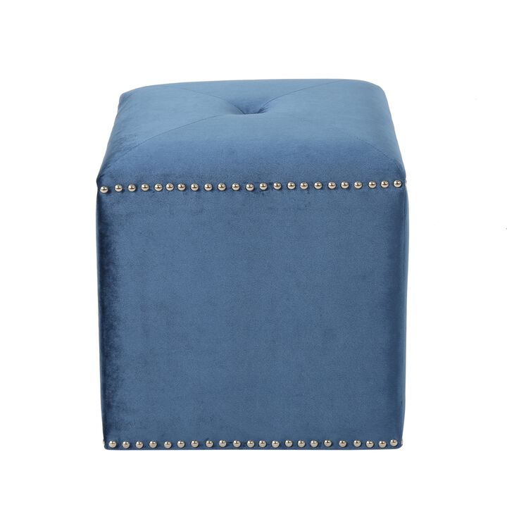 Neli Ottoman, Blue Velvet, Single Tuft on Top, Nailhead Trim, 17 Inch - Benzara