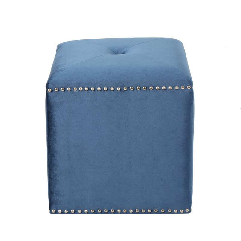 Neli Ottoman, Blue Velvet, Single Tuft on Top, Nailhead Trim, 17 Inch - Benzara