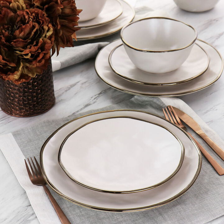 Elama Modern 16 Piece Stoneware Dinnerware Set in Matte White with Gold Rim