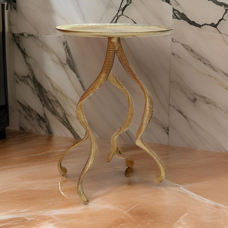 24 Inch Accent Side Table, Antler Base Design, Ribbed Top, Aluminium, Gold - Benzara