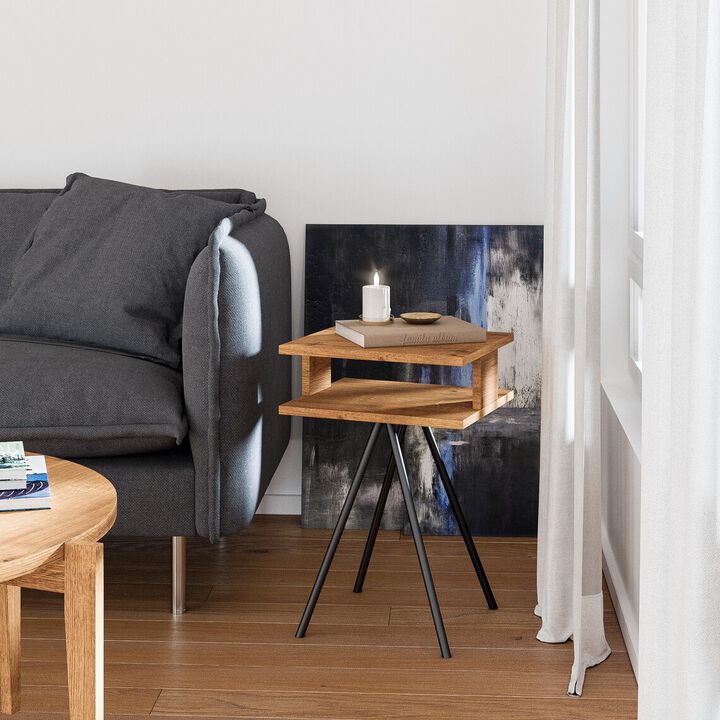Modern Industrial-inspired Style Small Solid Oak Hardwood End Table with Metal Legs