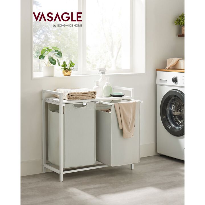 Metal Frame Laundry Hamper with Top Shelf and Pull-Out Bags, 2 Removable Oxford Fabric Bags
