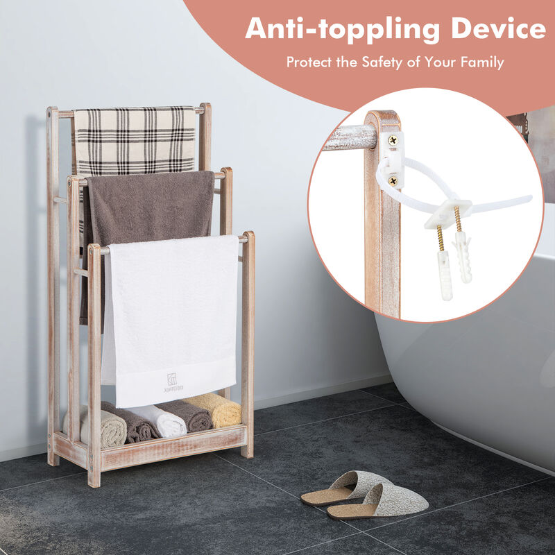 Freestanding Towel Rack 3-Bar Hand Towel Drying Stand with Bottom Storage Shelf