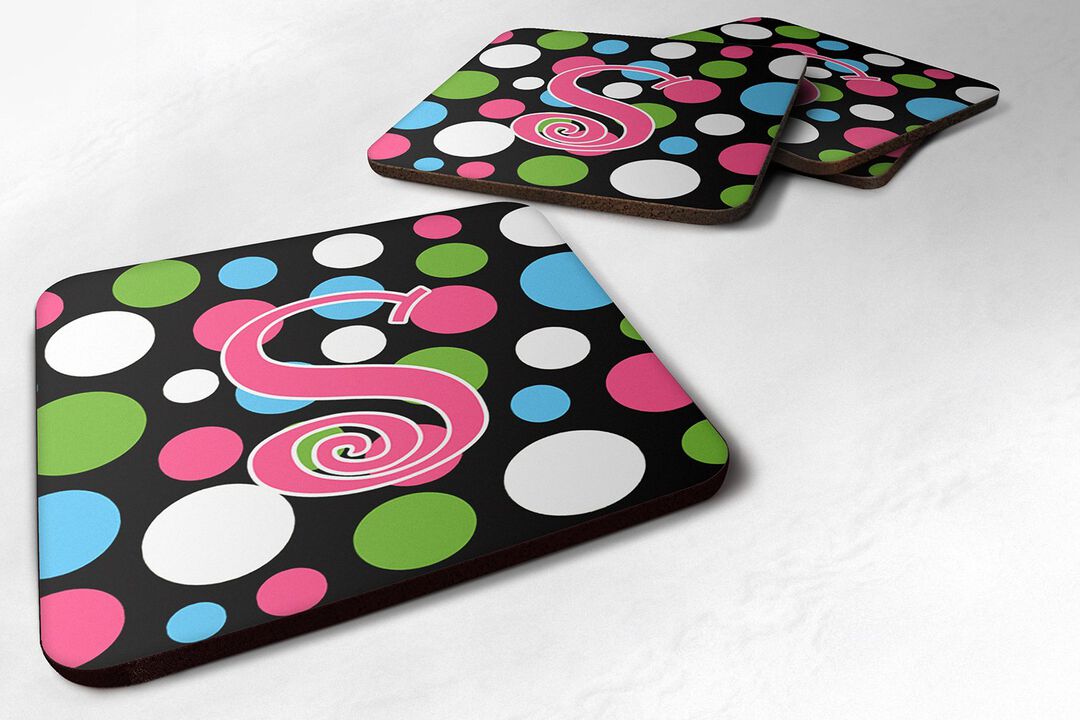 Caroline's Treasures CJ1038-SFC Monogram-Polkadots and Pink Foam Coasters (Set of 4), Initial Letter S, 3.5 H x 3.5 W, Multicolor