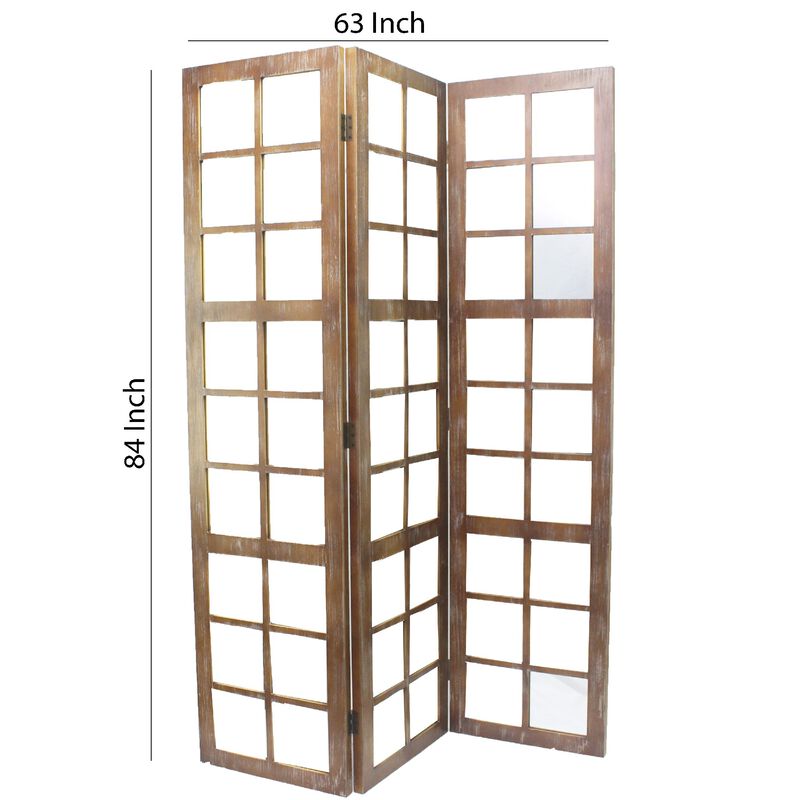 3 Panel Wooden Screen with Square Mirror Inserts, Brown and Silver - Benzara