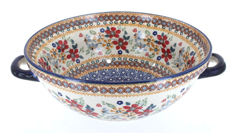 Blue Rose Polish Pottery Sage Floral Colander